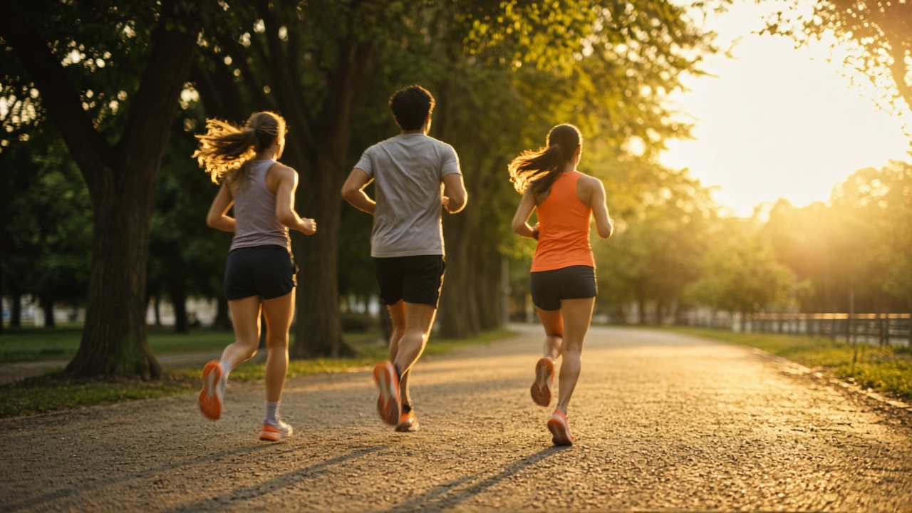 Runners on a park path at golden hour